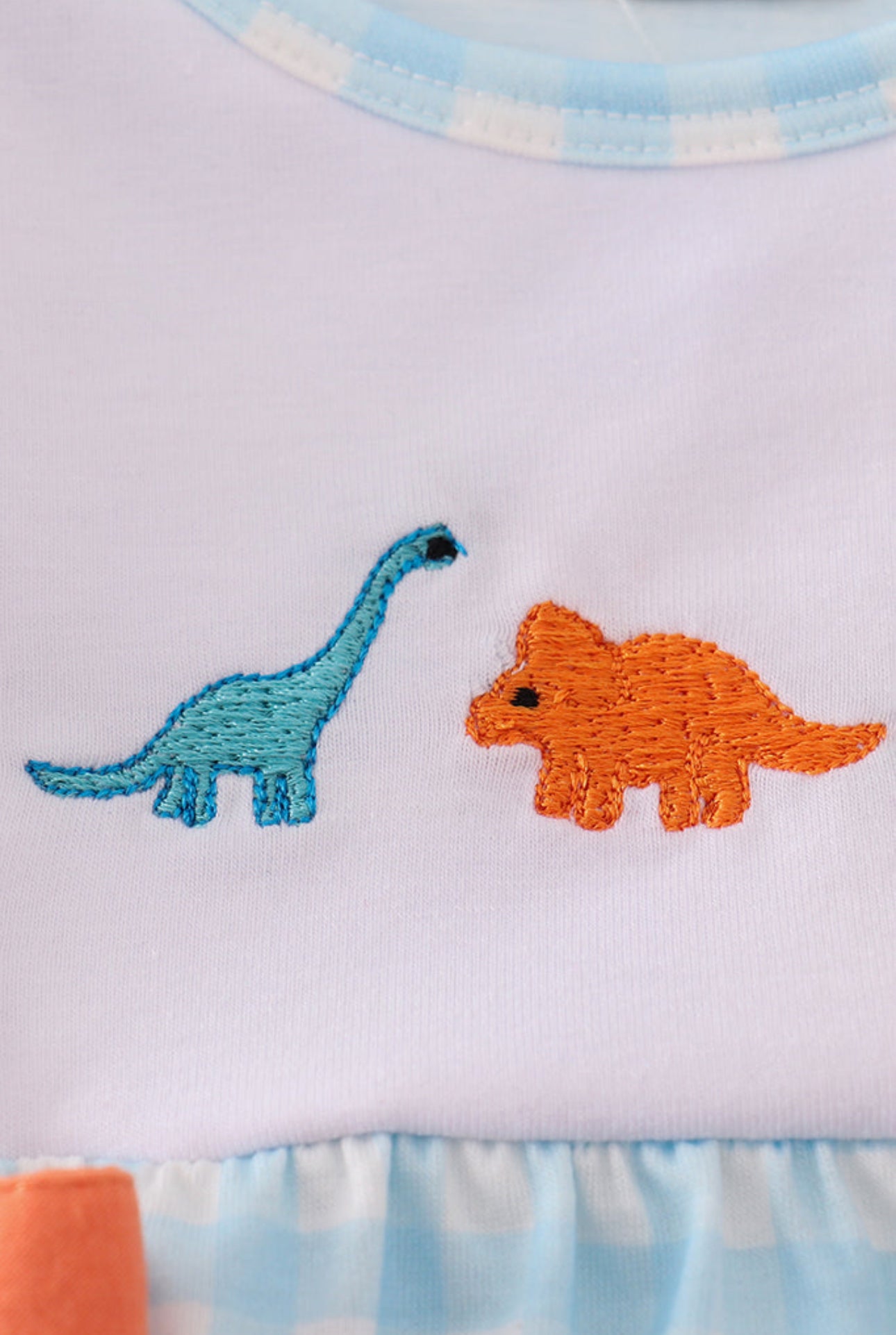 Blue dinosaur embroidery ruffle gingham bubble - NB
