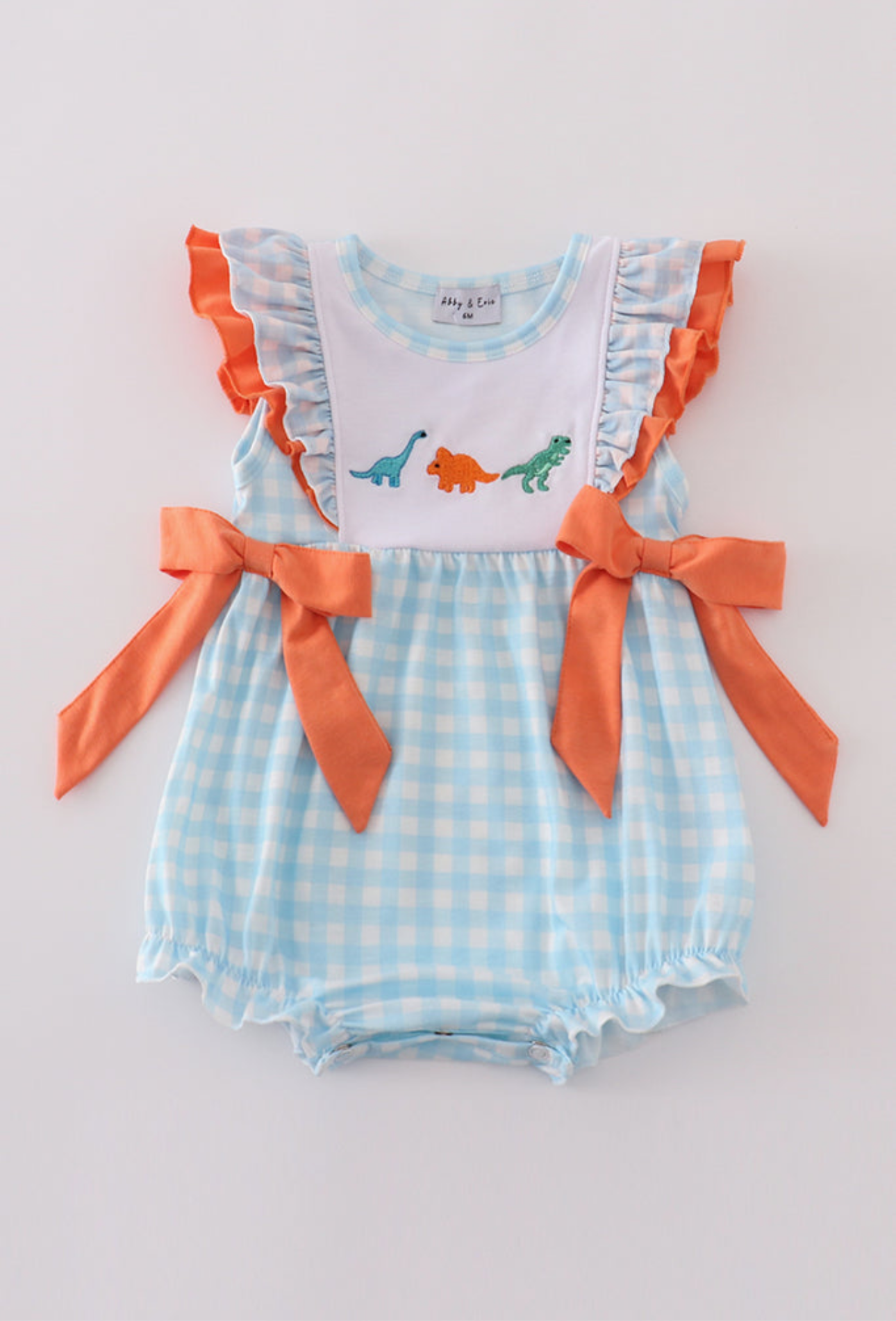 Blue dinosaur embroidery ruffle gingham bubble - NB