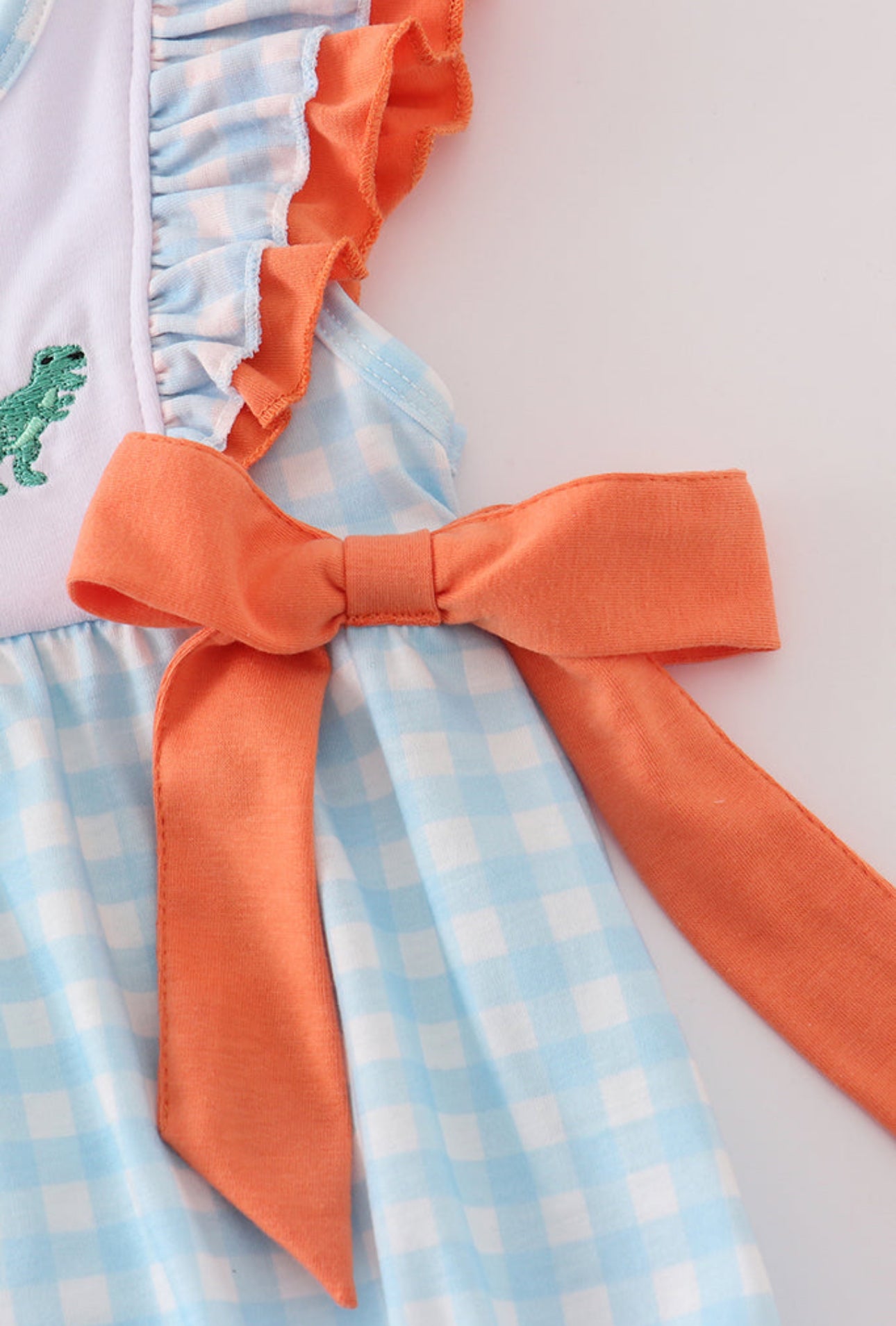 Blue dinosaur embroidery ruffle gingham bubble - NB