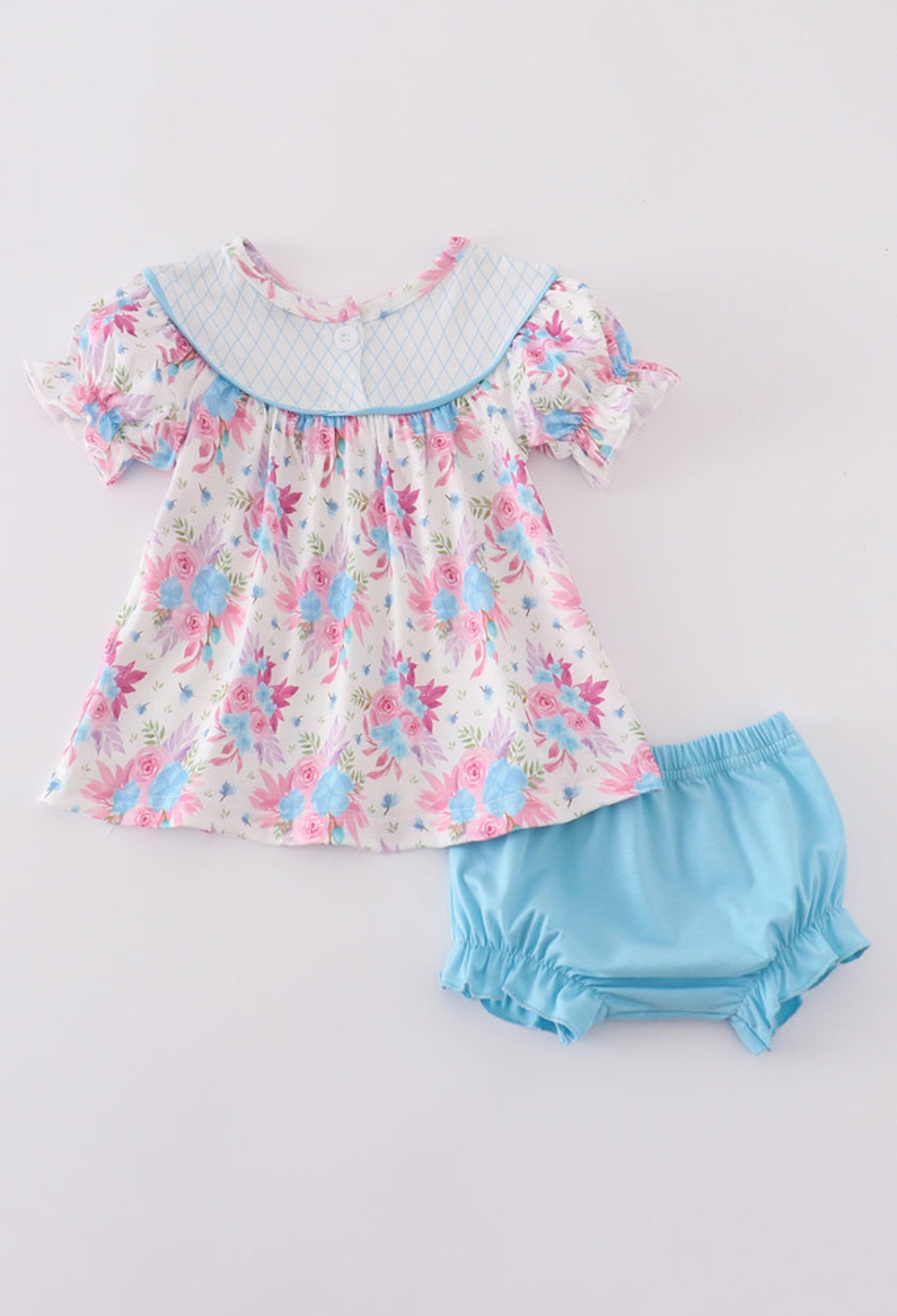 Blue petal meadow embroidery girl bloomer set - 12m
