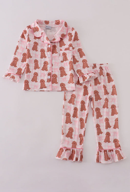 Pink puppy bow print ruffle pajamas set - 18m