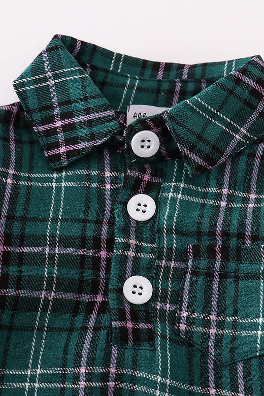 Green plaid boy button down bubble - 18m