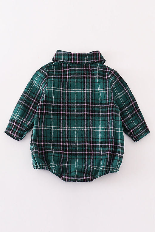 Green plaid boy button down bubble - 18m