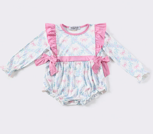 Pink bow print girl bubble - 12m