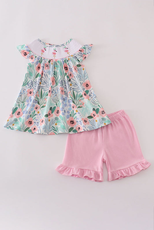 Floral flamingo embroidery smocked shorts set - 2t