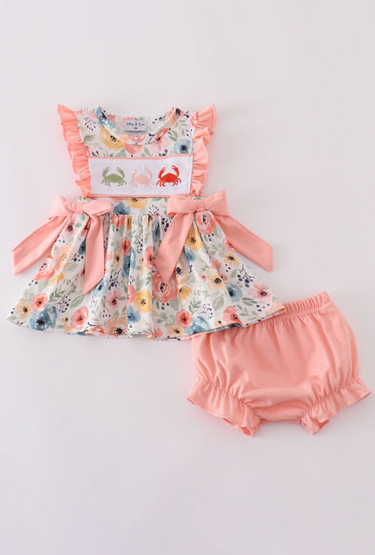 Floral crab embroidery ruffle bloomer set - 2t