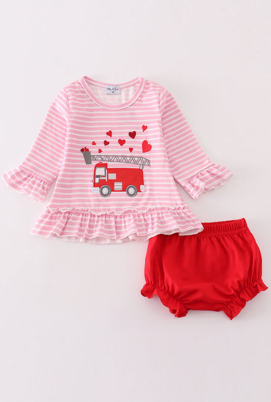 Valentine's day fire truck applique girl bloomer set - 6m