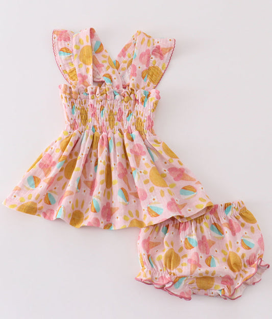Premium Pink muslin organic ice cream smocked baby set- 12m