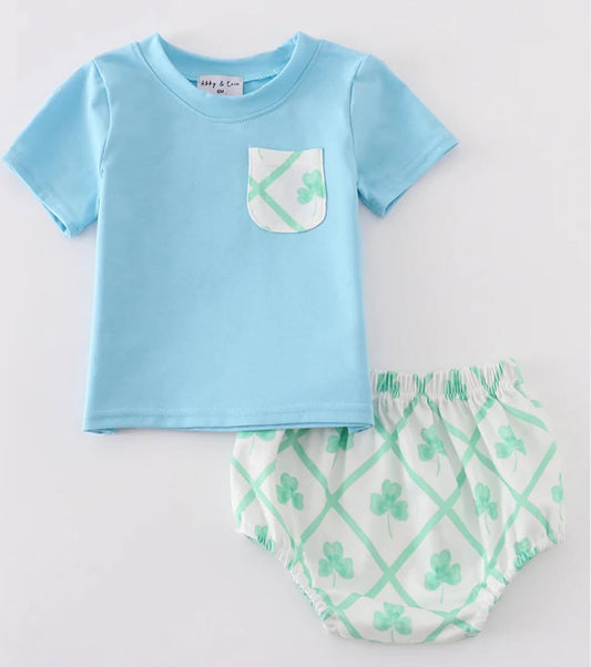 Blue St. Patricks clover boy bloomer set - 12m