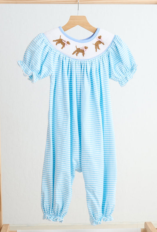 Blue puppy hand smocked girl romper - 12m