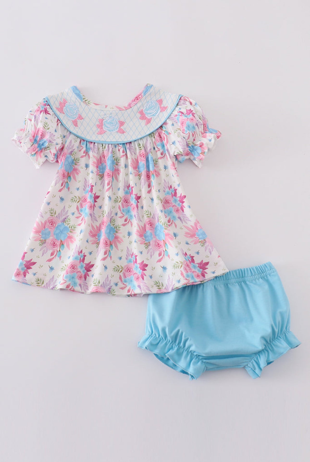 Blue petal meadow embroidery girl bloomer set - 12m