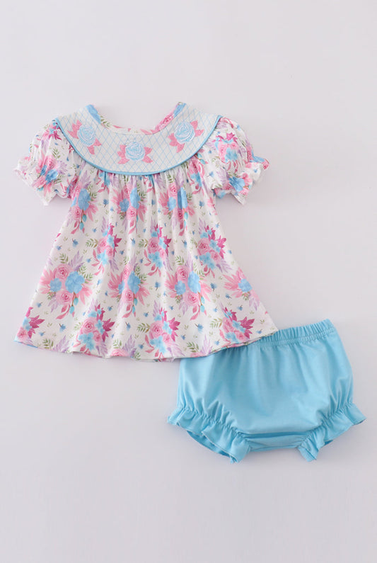 Blue petal meadow embroidery girl bloomer set - 12m