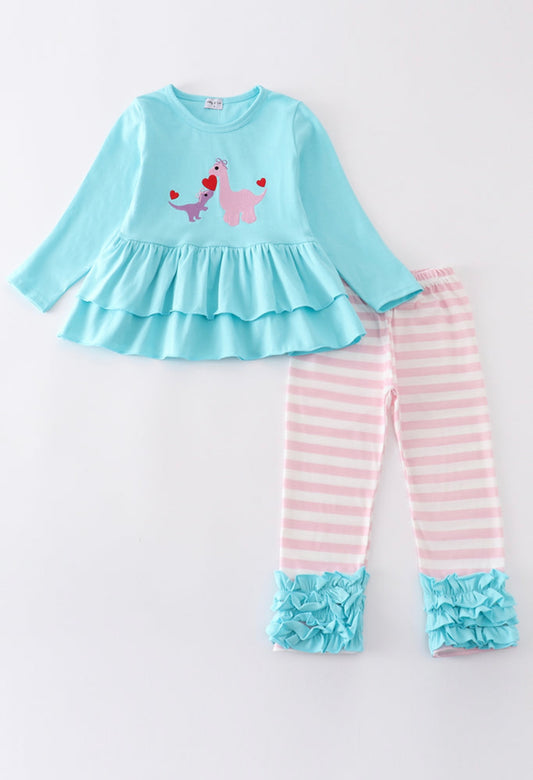 Blue valentine dinosaur embroidery girl set - 3t