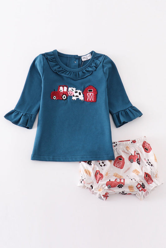 Navy farm french knot girl bloomer set - 2t
