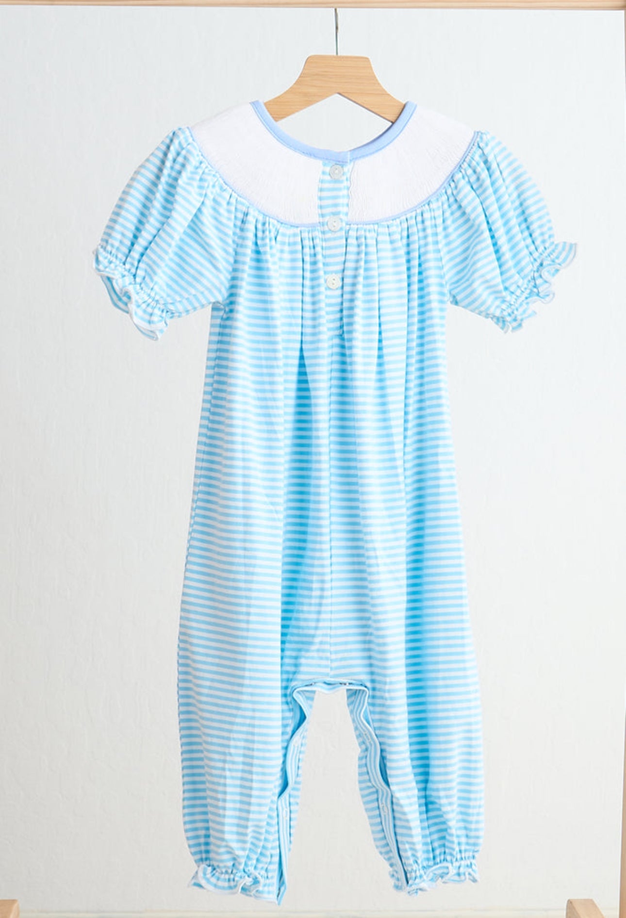 Blue puppy hand smocked girl romper - 12m