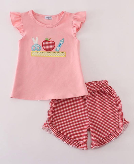 Pink apple applique pencil shorts set - 3t