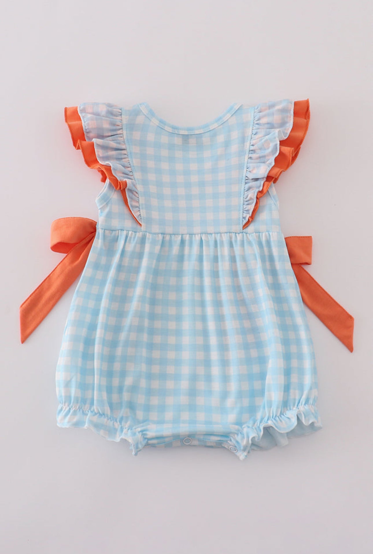 Blue dinosaur embroidery ruffle gingham bubble - NB