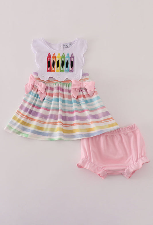 Pink crayon applique bow bloomer set - 12m