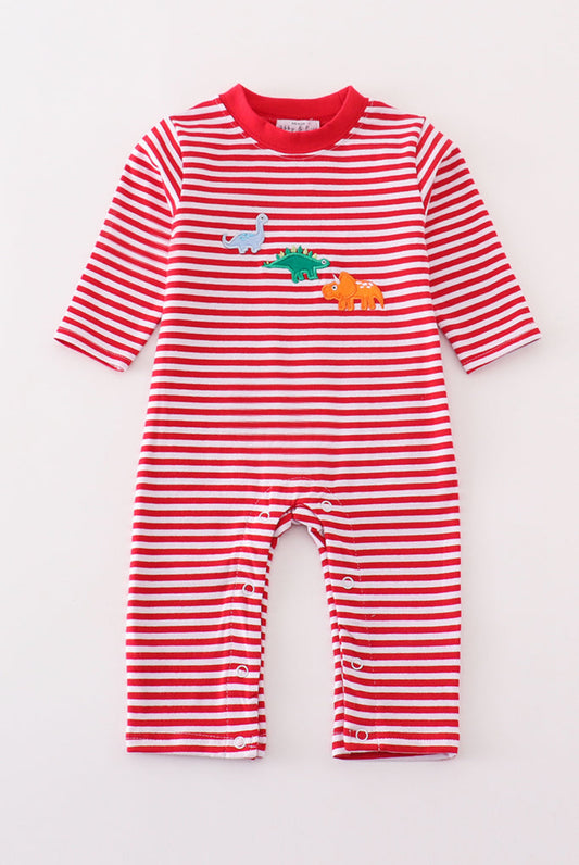 Premium red stripe dinosaur applique romper - 24m