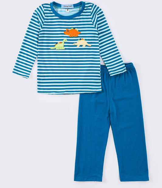 Blue stripe dinosaur applique boy set - 4t