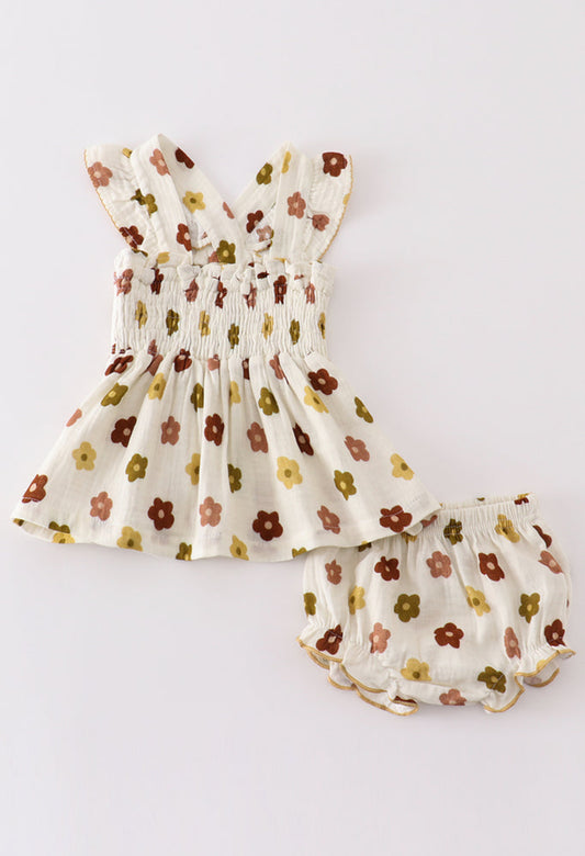Premium Organic muslin floral smocked bloomer set - 24m