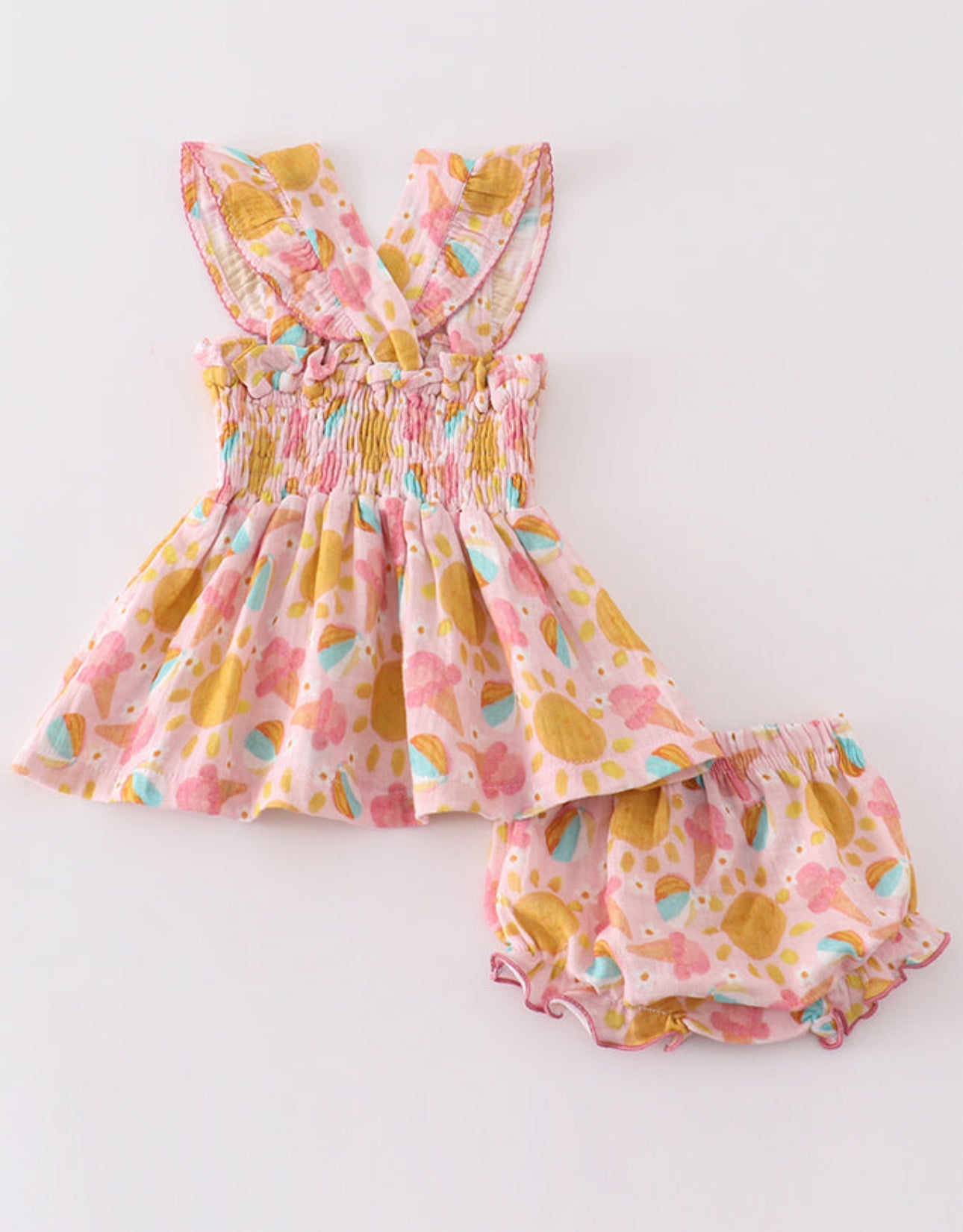 Premium Pink muslin organic ice cream smocked baby set- 12m