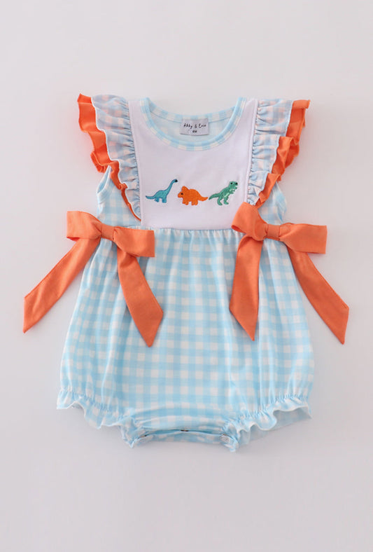 Blue dinosaur embroidery ruffle gingham bubble - NB