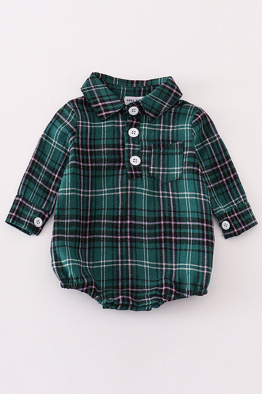 Green plaid boy button down bubble - 18m